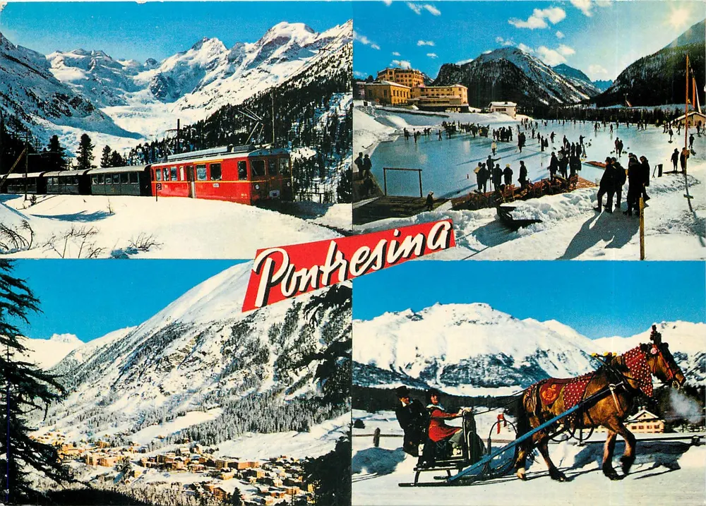 Pontresina — vue de montagne, train, patinoire et traîneau — éditeur non visible - Recto