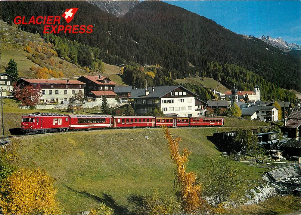 Glacier Express — treno rosso in montagna — Rud. Suter AG, Zurigo - Recto