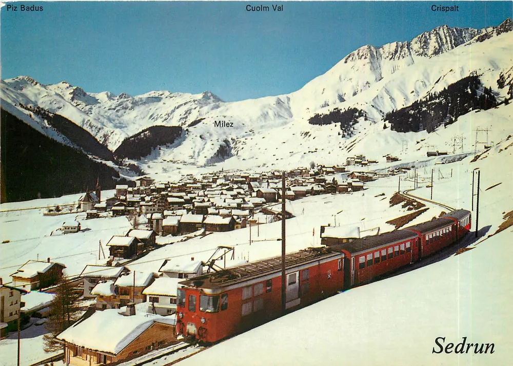 Piz Badus — Cuolm Val — Sedrun — trem nevado — foto Gross St. Gallen - Frente