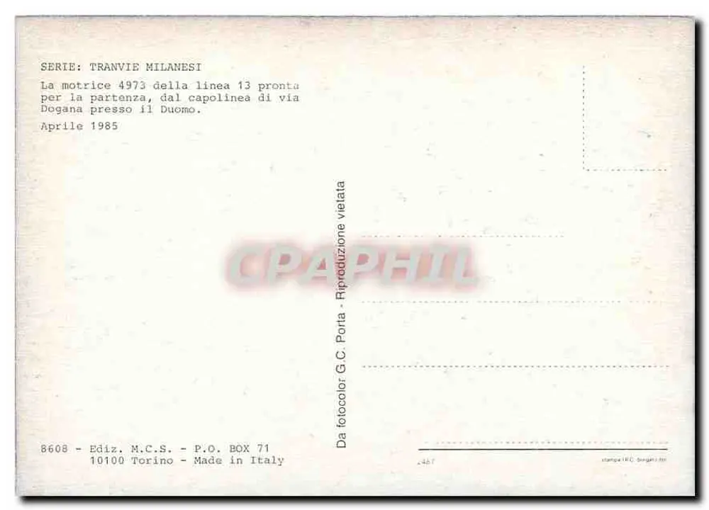 Tramway 13 Corvetto — Mailand — Verlag M.C.S. Nr. 8608 - Rückseite