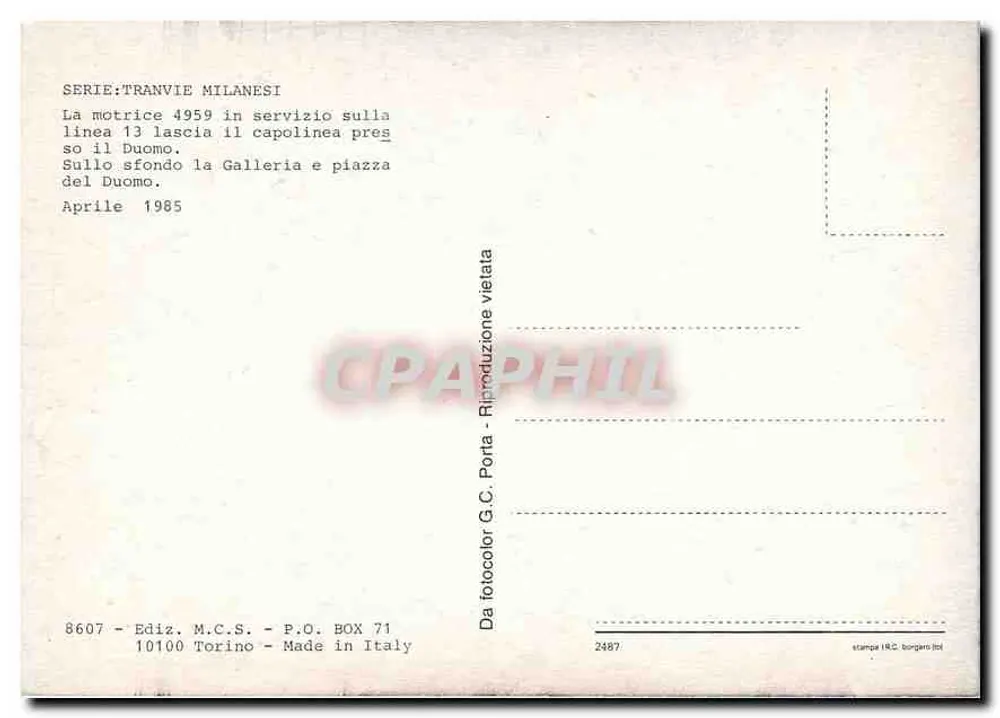 Tramway à Milan — Motrice 4959 quittant la gare du Duomo — Édition M.C.S. n°8607 - Verso