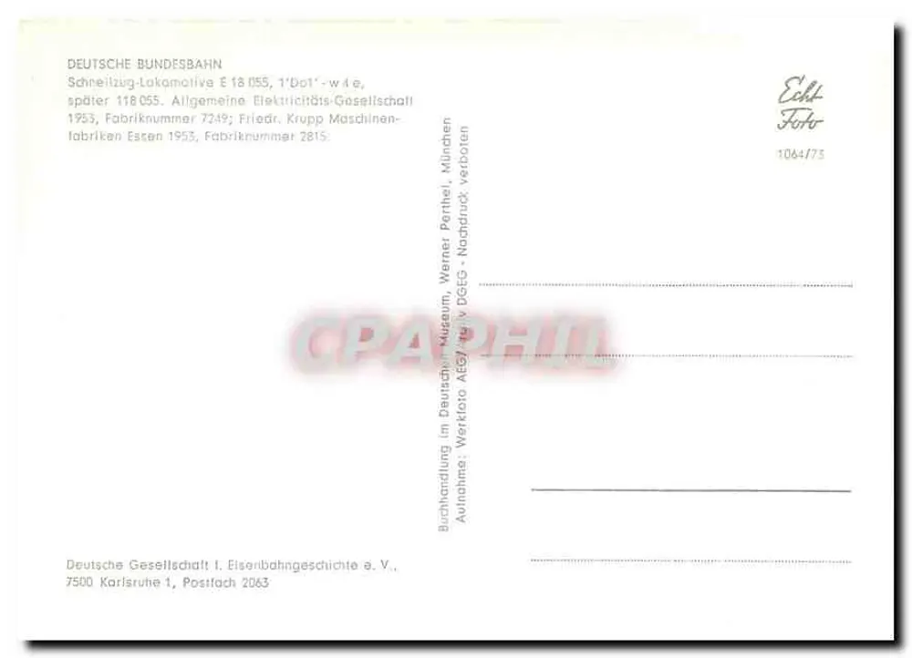 Locomotora 118 055 — Deutsche Bundesbahn — editor Deutsche Gesellschaft f. Eisenbahngeschichte a. V., Karlsruhe - Reverso