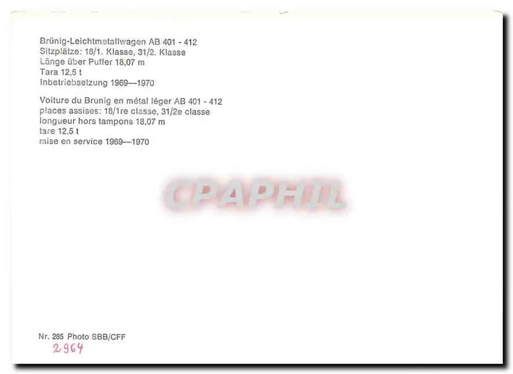 Vagone Brünig-Leichtmetallwagen AB 401-412 — SBB CFF FFS — n°285 - Verso