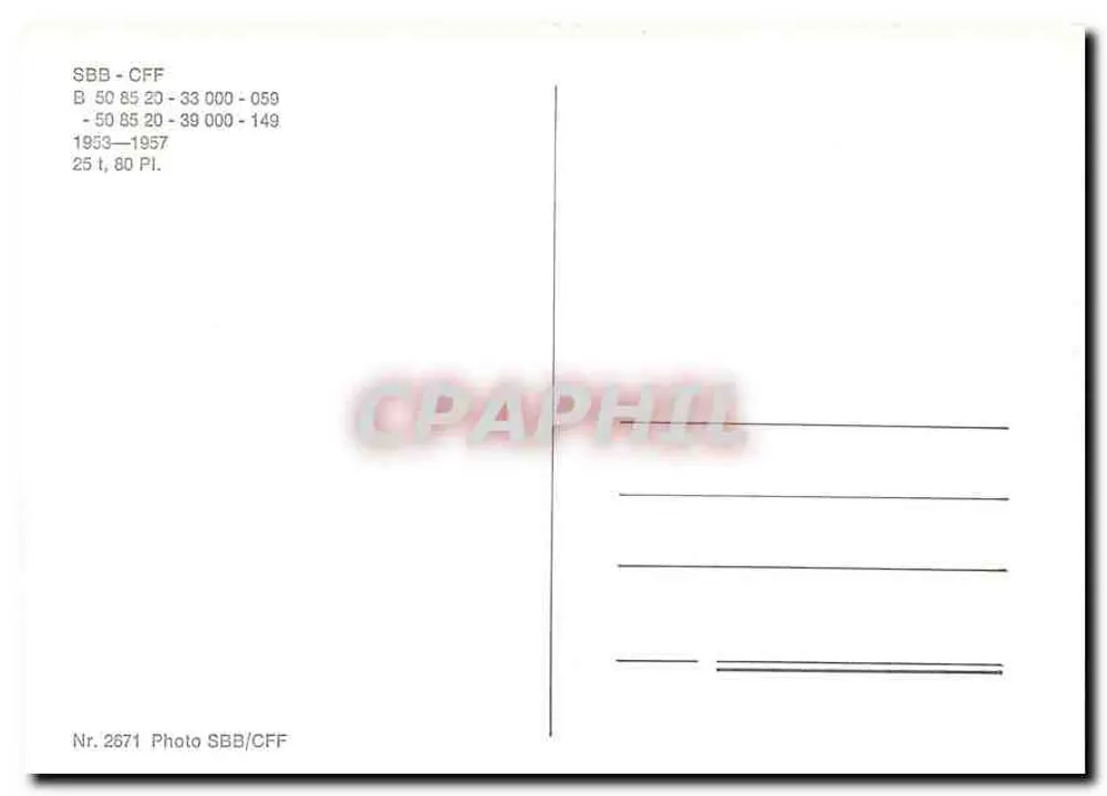 Trem SBB-CFF — vagão B 50 85 20-33 000-059 — 1953-1957 — editor SBB/CFF, n° 2571 - Verso