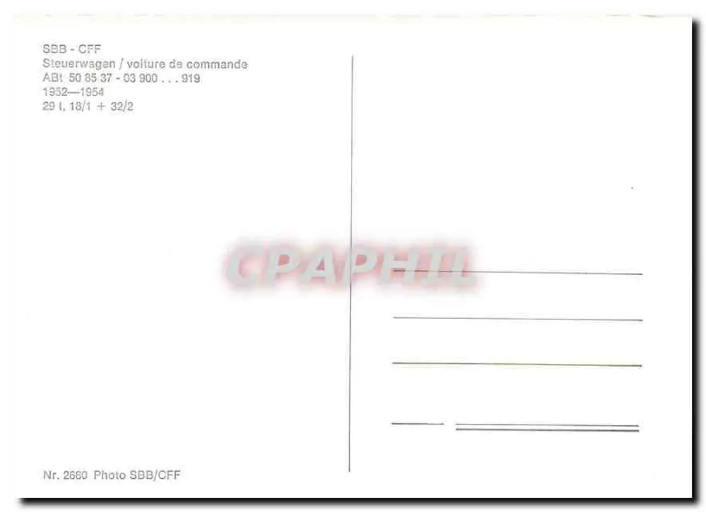 Vagão de comando SBB-CFF — ABt 50 85 37-03 900...919 — 1952-1954 — Foto SBB/CFF n°2660 - Verso