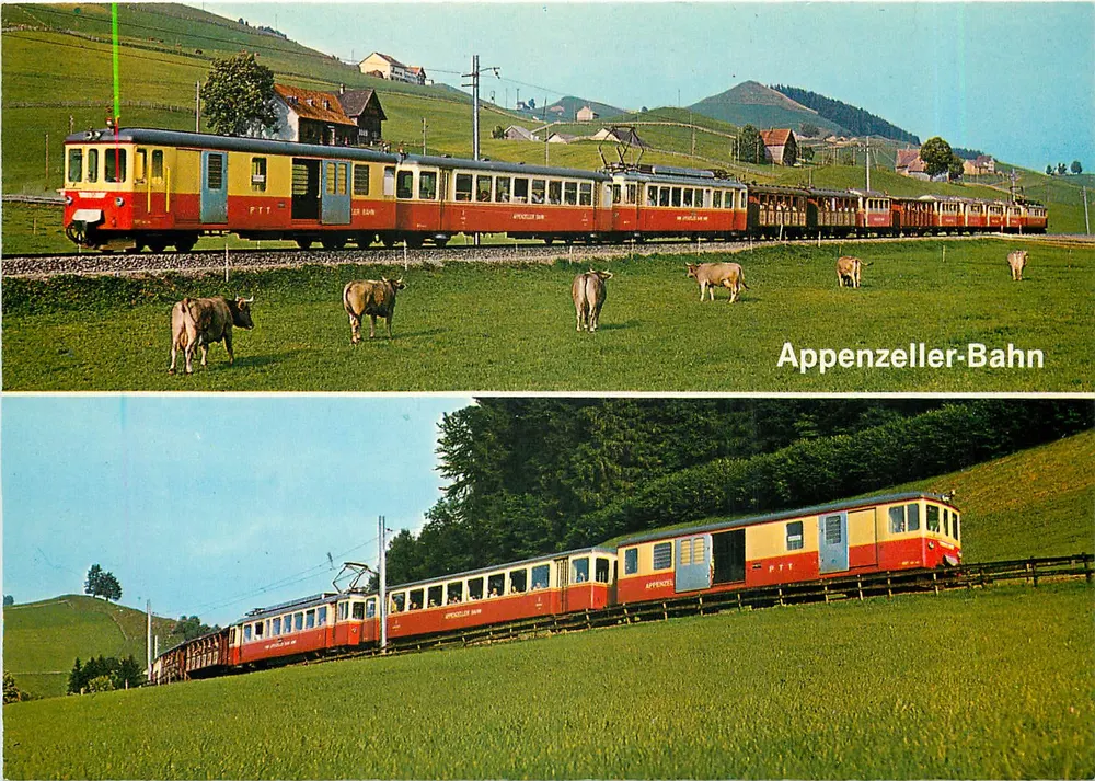 Appenzeller-Bahn — trens vermelhos e amarelos nas pradarias — Rud. Suter AG, Oerrefrieden-Zurich, n° 1402 - Frente