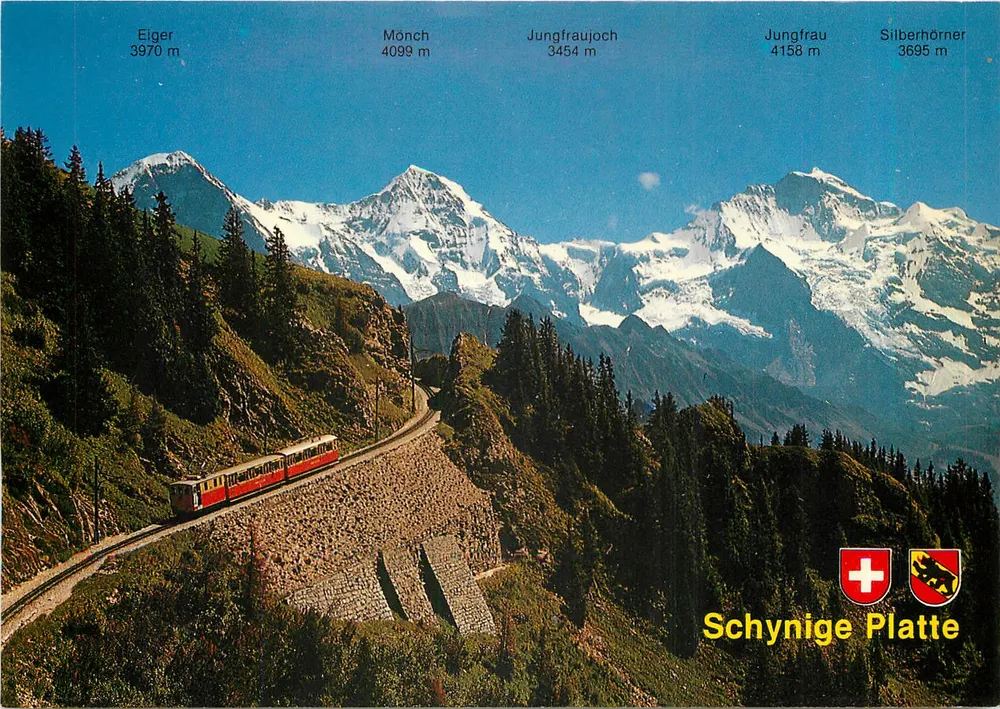 Schynige Platte — panorama alpino com trem — Rud. Suter AG, Zurique, n° 1621 - Frente