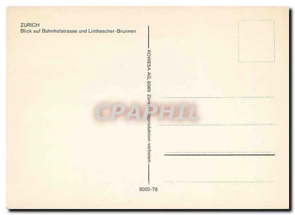 Zürich — Ansicht der Bahnhofstrasse und des Linthescher-Brunnens — ROWWESA AG, Serie 8049 - Rückseite