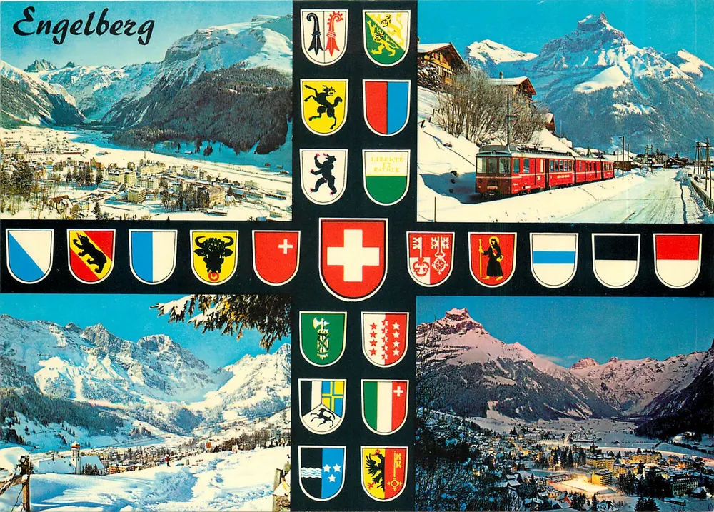 Engelberg — vue panoramique hivernale avec drapeaux et train — Rud. Suler AG, Zürich - Recto