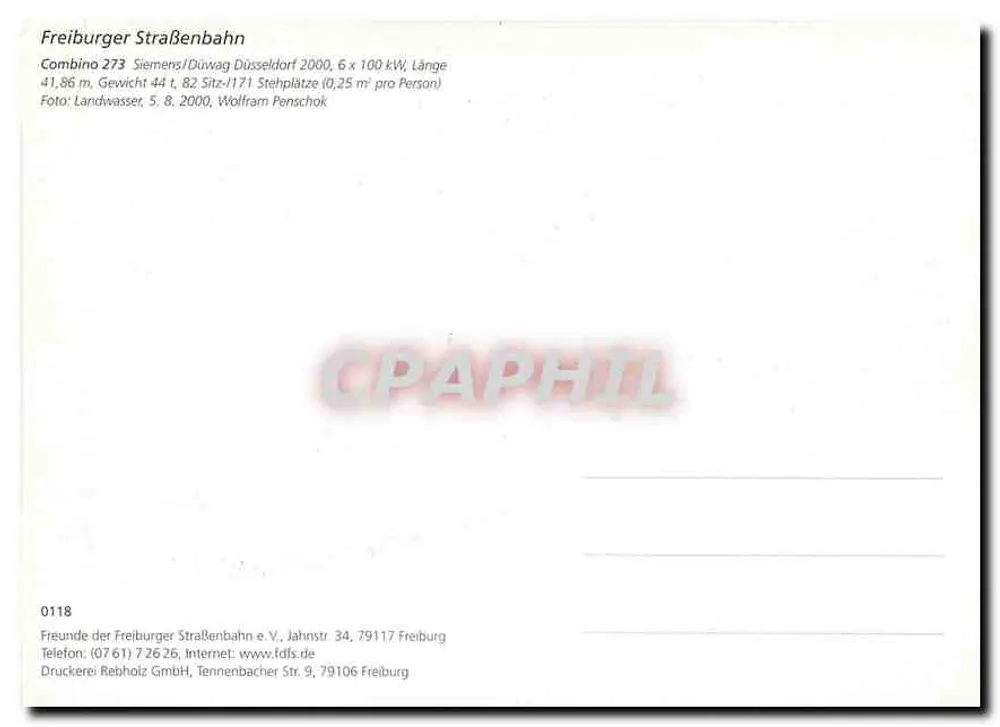 Tramway Combino 273 em Freiburg — Freiburger Straßenbahn e.V. — n°0118 - Verso