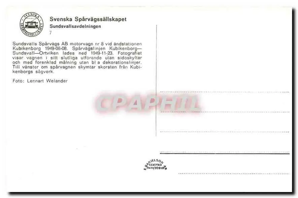 Sundsvalls Spårväg AB motorvagn nr 8 — station Kubikenborg — éditeur Svenska Spårvägssällskapet - Verso