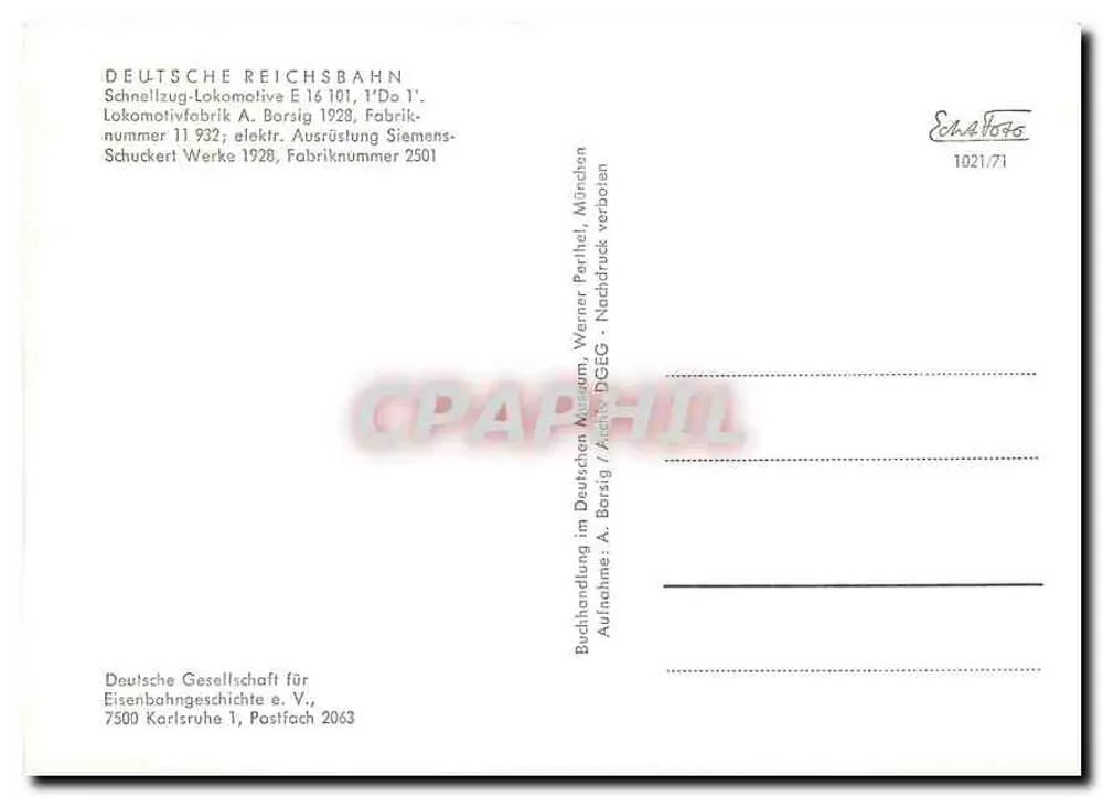 Schnellzug-Lokomotive E 16 101 — Deutsche Reichsbahn — éditeur Deutsche Gesellschaft für Eisenbahngeschichte e.V. - Verso
