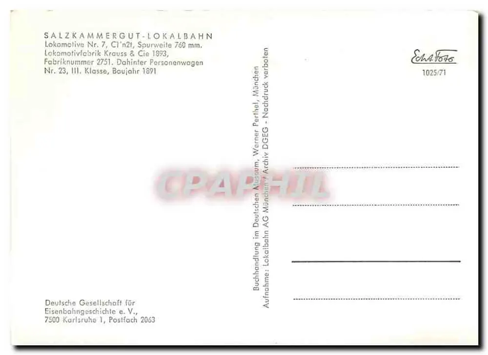 Train à vapeur dans les montagnes enneigées — Salzkammergut-Lokalbahn — éditeur Deutsche Gesellschaft für Eisenbahngeschichte e.V. - Verso