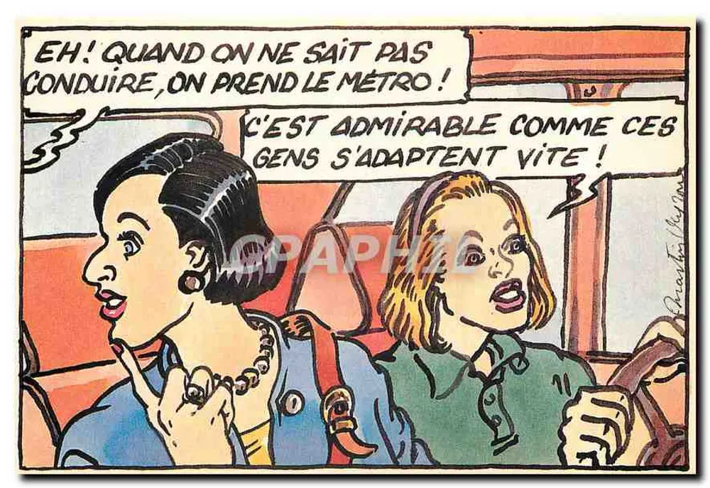 Zwei Frauen in einem Bus — humorvolle Karikatur — Martin VEYRON, Serie aus 6 Karten - Vorderseite