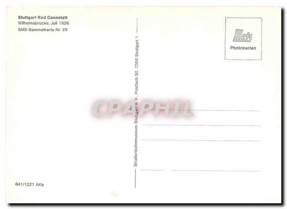 Stuttgart-Bad Cannstatt — Wilhelmsbrücke, luglio 1926 — SMS-Sammelkarte Nr. 29 - Verso
