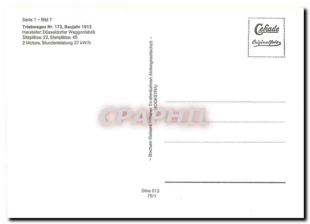 Tramway Bochum-Gelsenkirchen — Tramway n°172 — Cekade Originalfoto - Verso