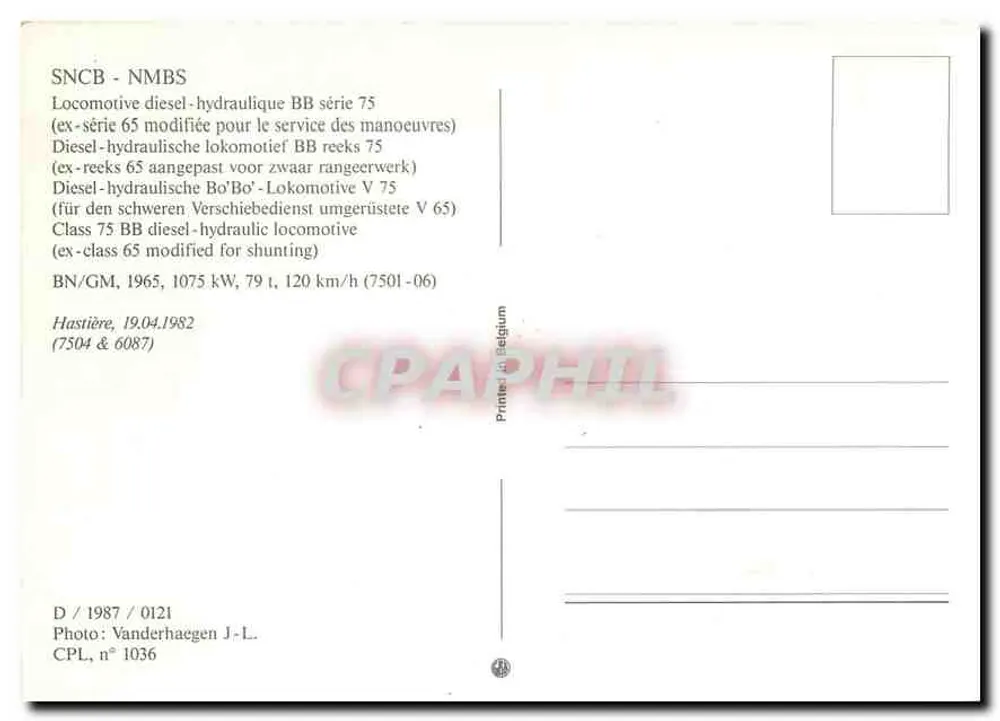 Locomotive diesel-hydraulique BB série 75 — SNCB - NMBS — CPL n° 1036 - Verso