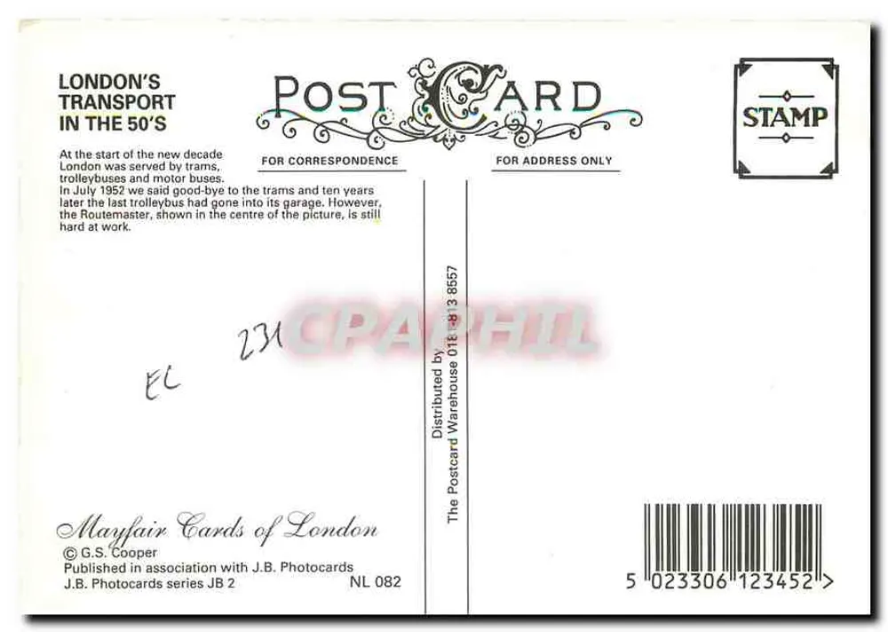 Londoner Verkehr der 1950er Jahre — Mayfair Cards of London, Serie JB 2 - Rückseite