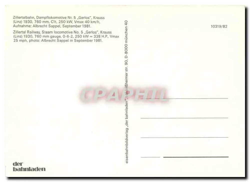 Train à vapeur n°5 "Gerlos" — Zillertalbahn — éditeur der bahnladen, n° 10319/82 - Verso