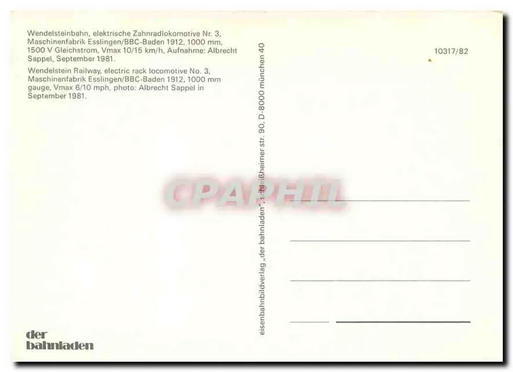 Wendelsteinbahn — locomotiva elettrica n°3 — editore der bahnhalden, n° 10317/B2 - Verso