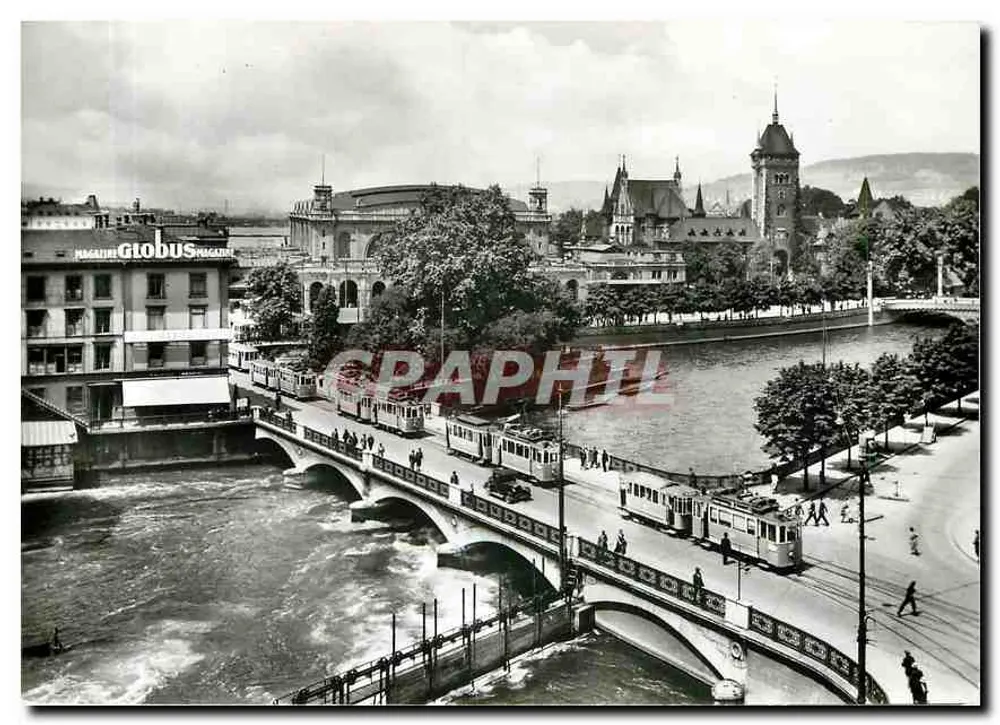 Zürich - Bahnhoferbrücke — Aussicht auf den Bahnhof und den Straßenbahnverkehr um 1930 — Verlag Photoglob AG, Zürich, n° b 013856 - Vorderseite