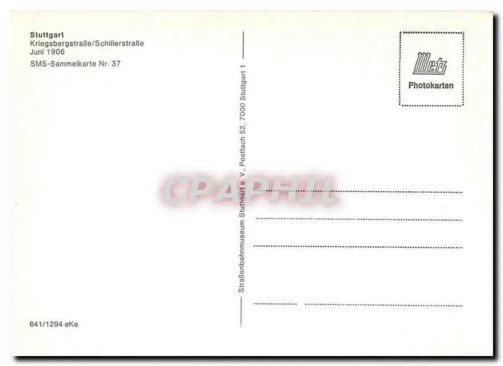 Stuttgart - Kriegsbergstraße/Schillerstraße — junho 1906 — SMS-Sammelkarte Nr. 37 - Verso