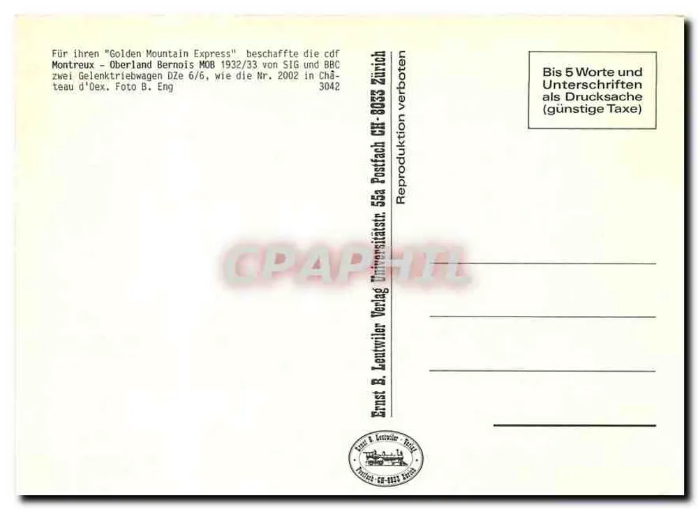 Montreux - Oberland Bernois — Gelenktriebwagen DZe 6/6 n° 2002 — Ernst B. Lentwiler Verlag - Verso
