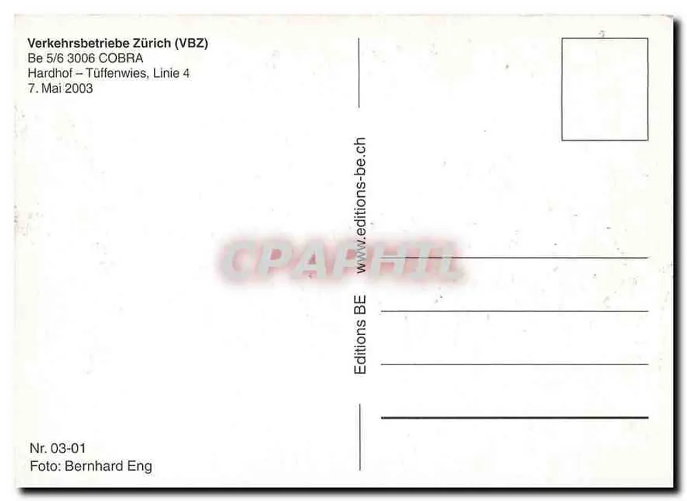 Tramway a Zurigo — linea 4, fermata Hardhof — editore VBZ, n. 03-01 - Verso