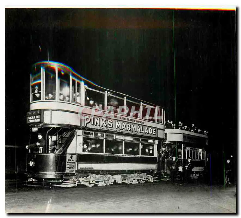 Tramway nocturne à Londres — LCC E/1 class avec voiture tractée — London Transport Museum - Recto