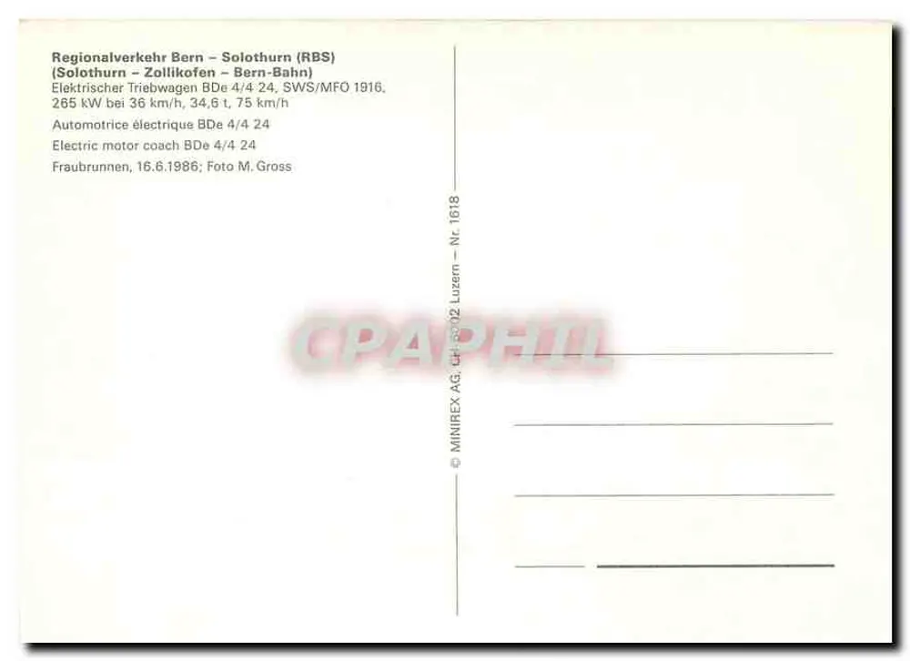 Trem elétrico BDe 4/4 24 — Fraubrunnen — MINIREX AG, n° 1618 - Verso