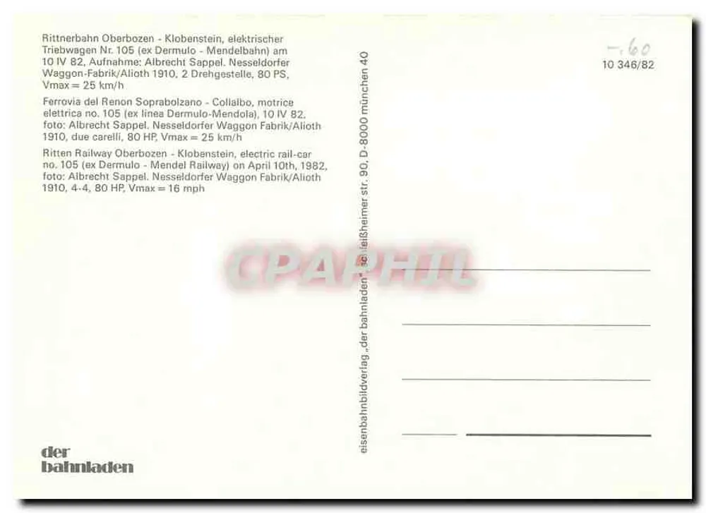 Trem elétrico em Oberbozen — Ritten Railway — editor der bahnladen, n° 10 346/82 - Verso