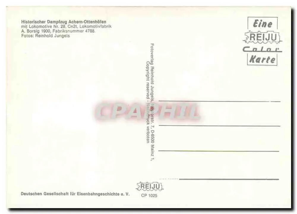 Historischer Dampfzug — Achern-Ottenhöfen — REIJU Color Karte CP 1025 - Verso