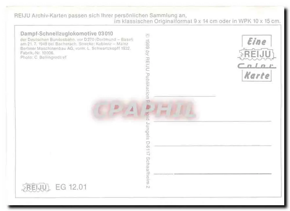 Lokomotive D 270 — Deutsche Bundesbahn — REIJu Archiv-Karte 03010 - Verso