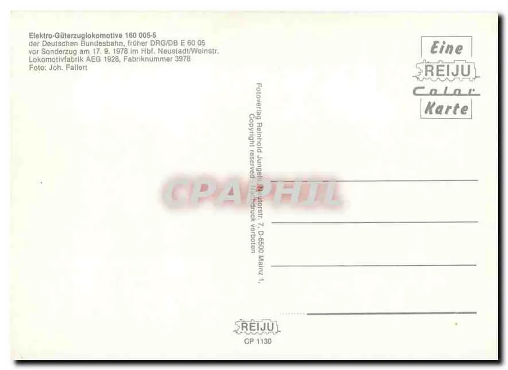Lokomotiva 160 005-5 — eletricidade-güterzug da DB — REIJu Color Karte Bilhete postal antigo 1130 - Verso