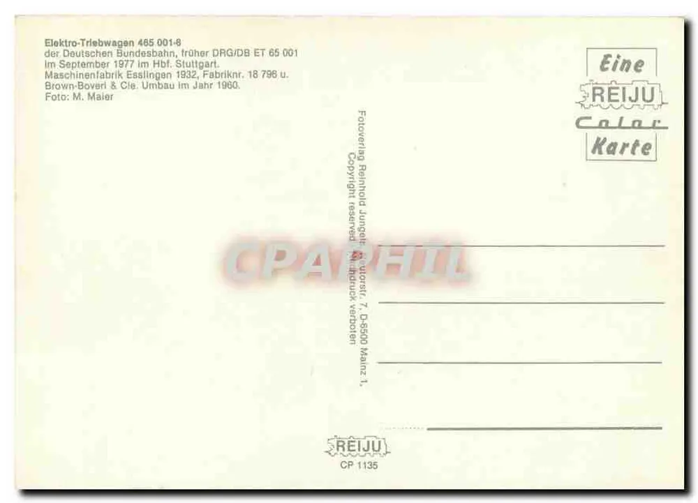 इलेक्ट्रिक ट्रेन 465 001-8 — जर्मन फेडरल रेलवे — रेजू रंगीन कार्ड सीपी 1135 - पीछे