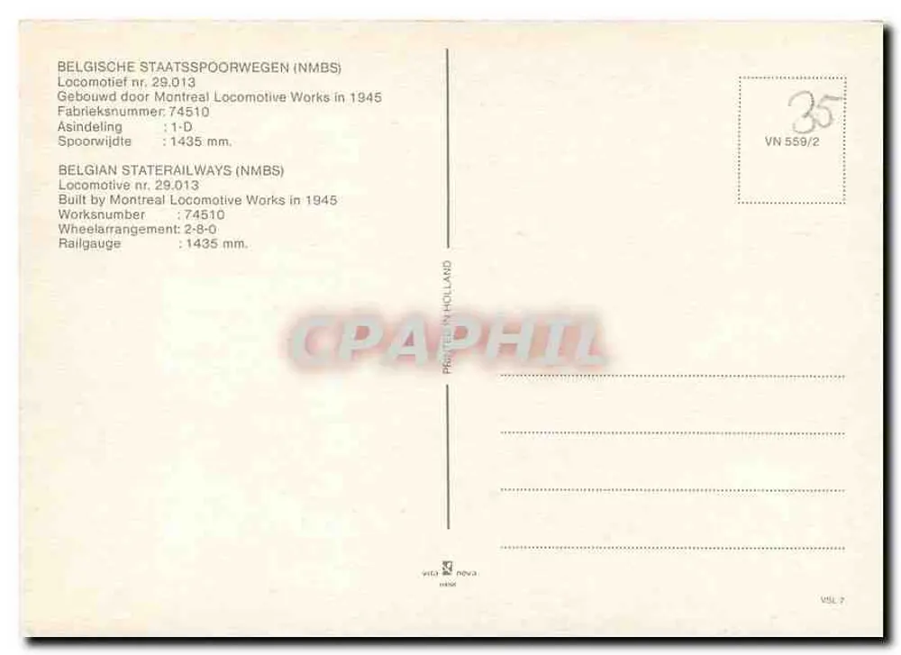 Locomotive 29013 — Belgische Staatsspoorwegen (NMBS) — imprimée en Hollande - Verso