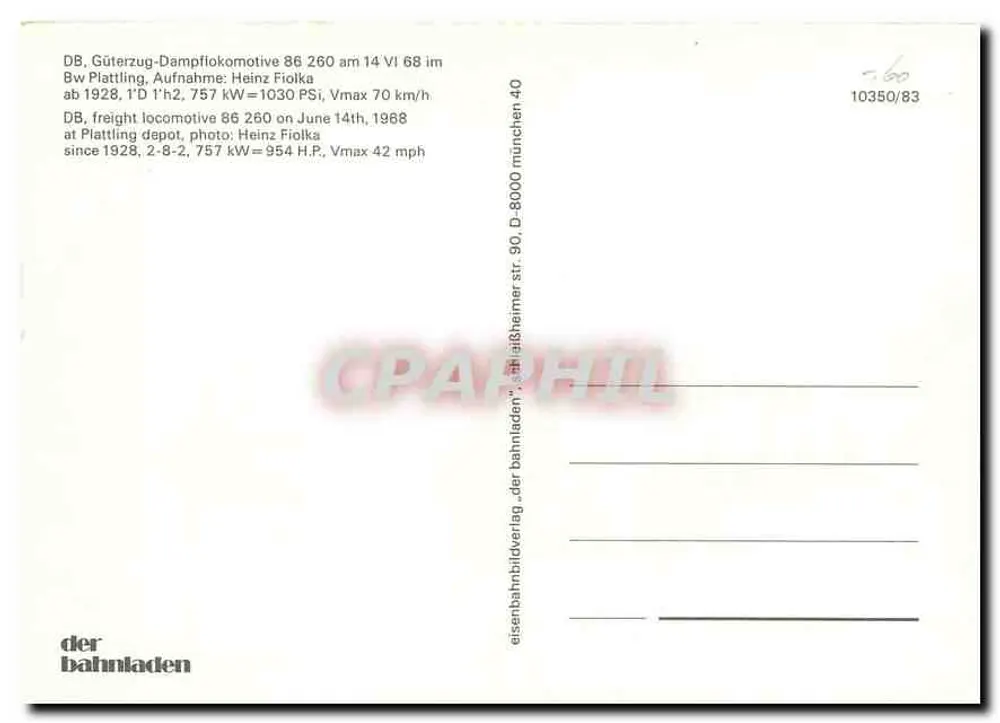 Locomotiva a vapor DB 86 260 — depósito de Plattling — editor der bahnhladen, n° 10350/83 - Verso
