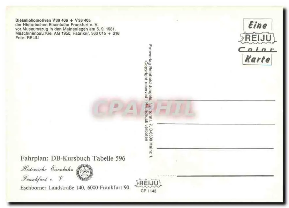 디젤 기관차 V36 406 + V36 405 — Historische Eisenbahn Frankfurt e.V. — REIJU 컬러 카드 - 뒷면