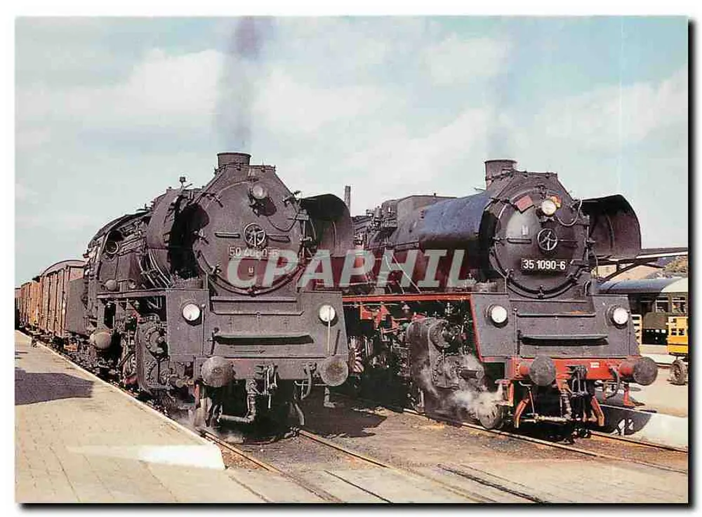 Zwei Dampflokomotiven — 50 4060-5 und 35 1090-6 — am Bahnhof Güstrow, Oktober 1974 — JACOBI - Vorderseite