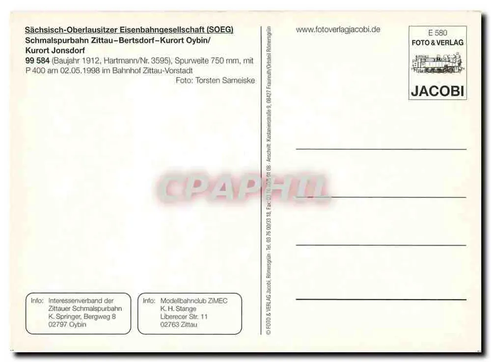 Zittau Vorstadt — Dampflok 99 1584-4 — JACOBI E 580 - Rückseite