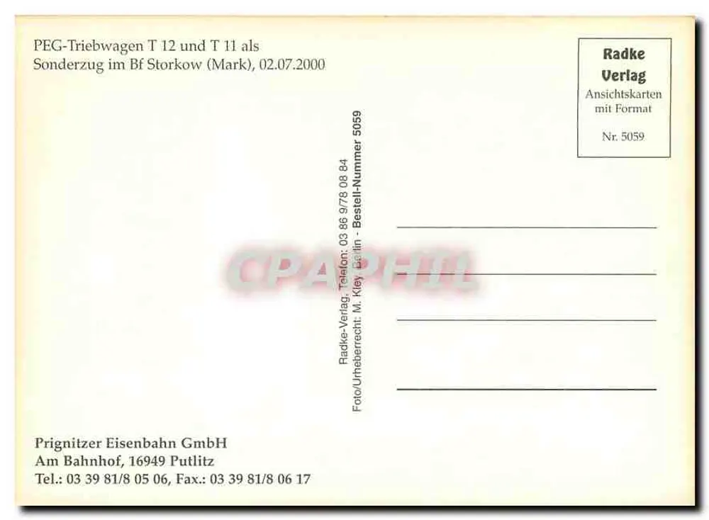 Pégnotziger Eisenbahn — T 12 und T 11 im Sonderzug am Bf Storkow (Mark) — Radke Verlag, Nr. 5059 - Rückseite