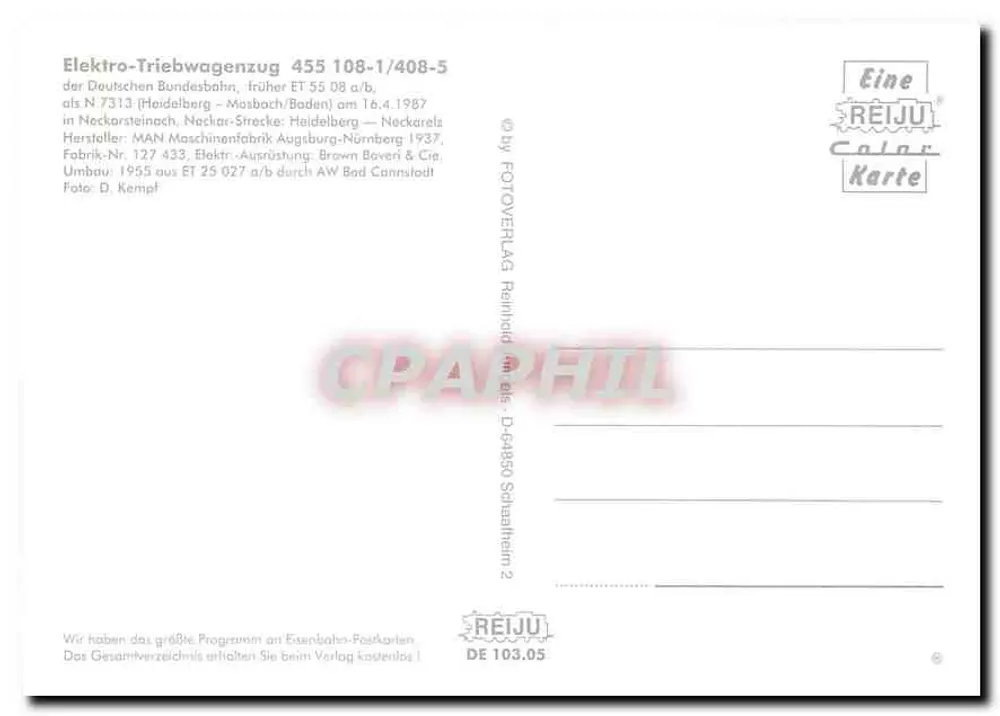 전기 트라이브완 455 108-1/408-5 — 헤이델베르크–네이커스테이나크 — FOTOVERLAG Reinhard - 뒷면