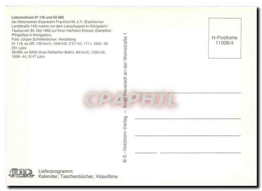 Locomotivas 01 118 y 50 685 — de la Asociación Histórica Ferroviaria Frankfurt/M. e.V. — E.-Holzborn-Verlag 11008/4 - Reverso