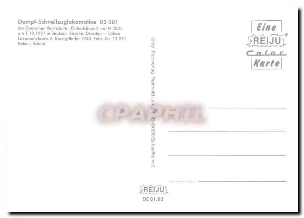 Locomotiva a vapor 03 001 — Deutsche Reichsbahn, Bautzener Strecke — editor REIJu, n° 2 - Verso