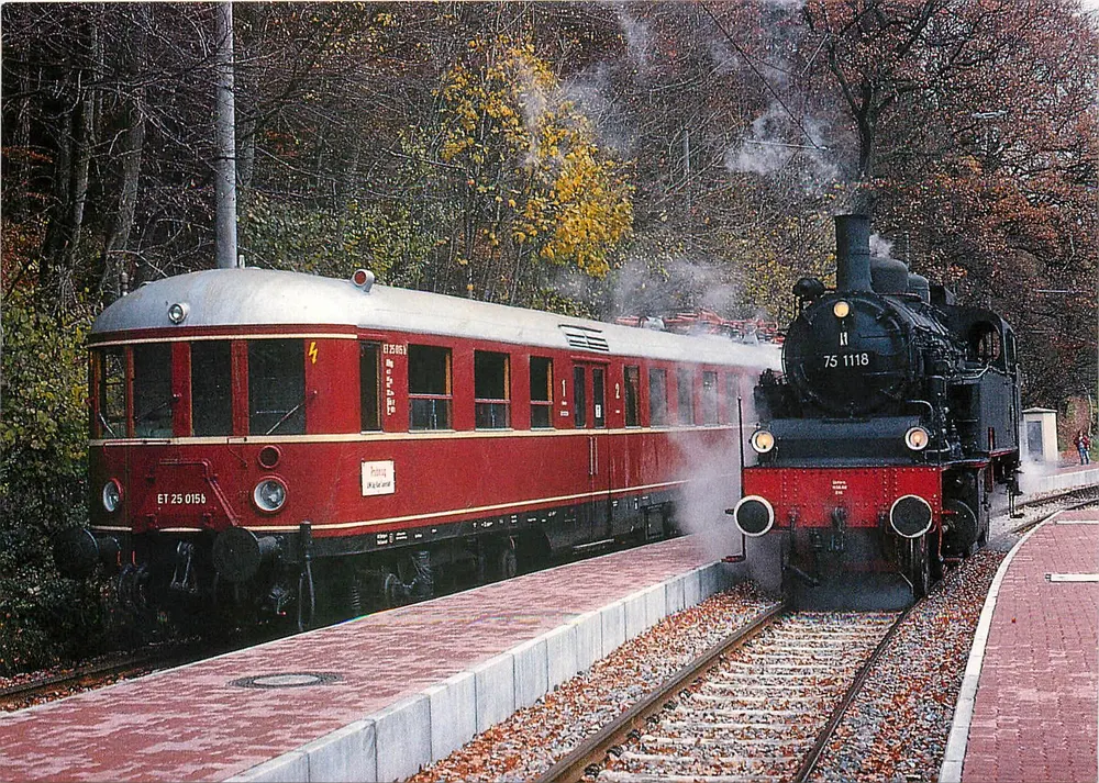 Elektrotriebwagen ET 25 015 a/b + Dampflokomotive 75 1118 — Ulmer Eisenbahnfreunde, 1988 — REIJU Color Karte - Vorderseite