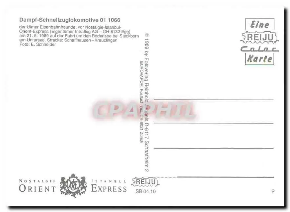 डैम्प्फ-स्नेल्जुगलोकोमोटिव 1066 — ओरिएंट-एक्सप्रेस, उल्मर ईसेनबाहनफ्रेंड, 1989 — रेजु कलर कार्टे - पीछे