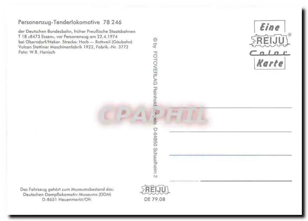टेंडर लोकोमोटिव 78 246 — जर्मन फेडरल रेलवे, पूर्व-प्रुसियन स्टेट रेलवे — एडिटर रेइजू, नंबर D-64850 - पीछे