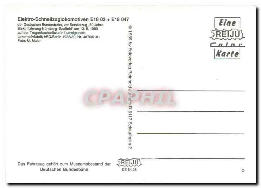Trem elétrico E18 03 + E18 047 — Nuremberg-Seafield — Folioverlag Reinhold Jüngst - Verso