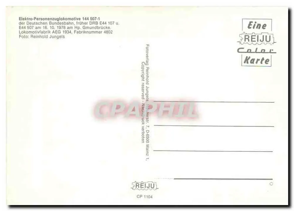 लोकोमोटिव 144 507-1 — जर्मन फेडरल रेलवे, E44 507 u. — REIJU कलर कार्ड CP 1104 - पीछे