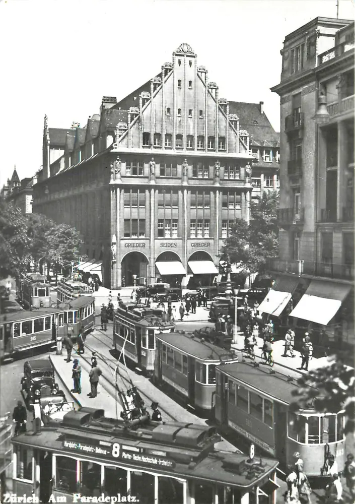 Zurich. At Paradeplatz — view of the tram station and Grieder building — publisher Verein Tram-Museum Zürich, no. 37 - Front